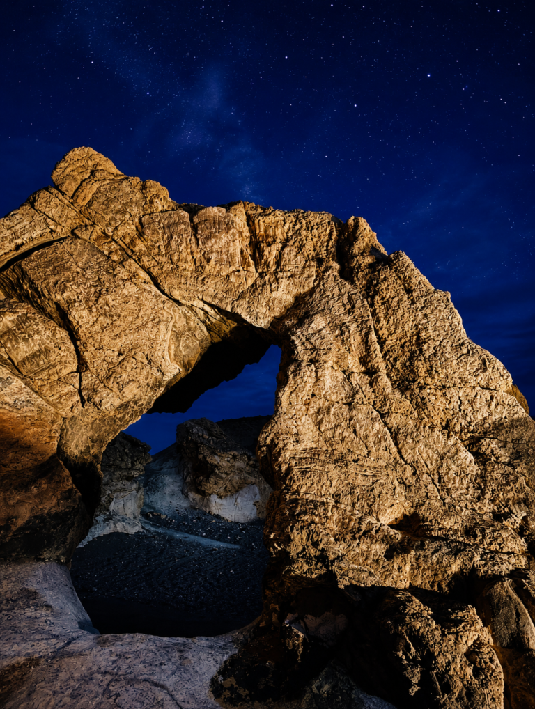 Starlit rock arch in desert night