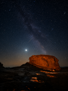 Starry desert night with glowing rock